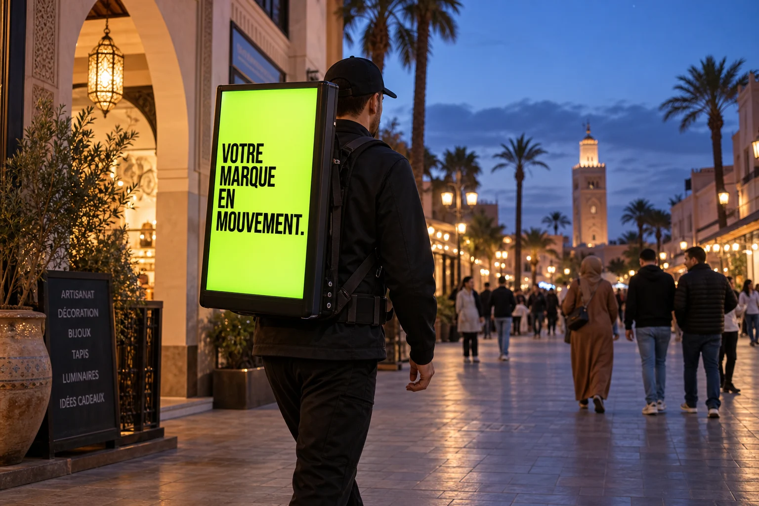 Ambassadeur dans une rue marocaine portant un grand écran publicitaire digital, visualisation du concept